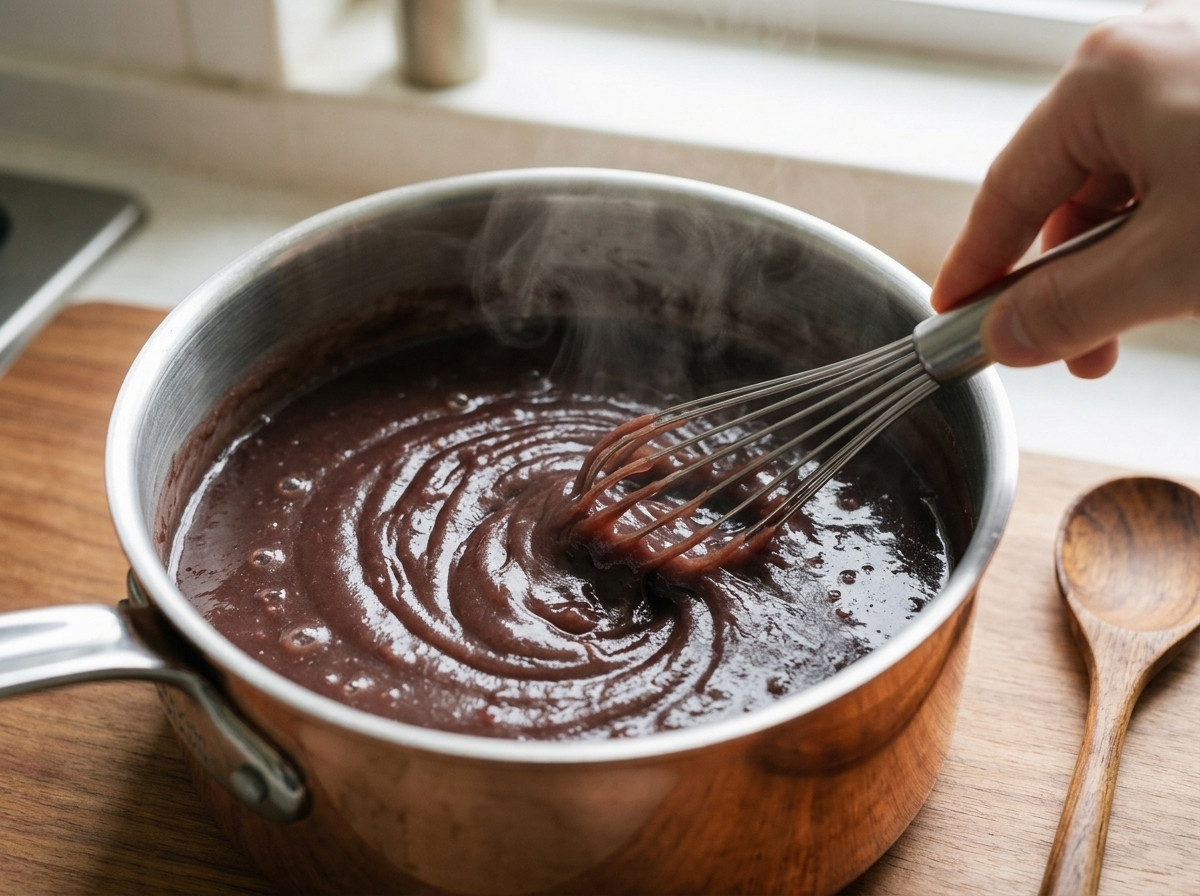 Whisking smooth red bean paste into simmering agar liquid in a saucepan until glossy and lump-free