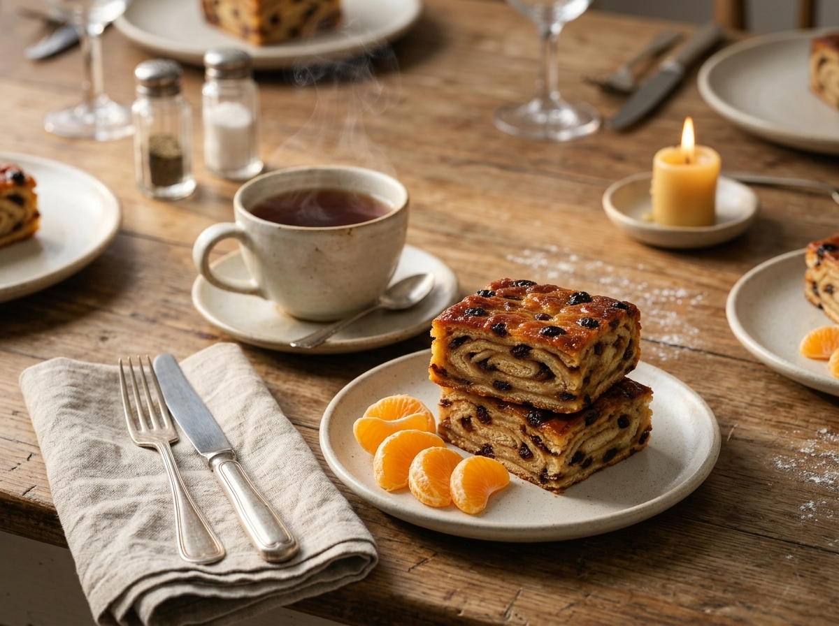 Stacked lardy cake slices on a floral plate beside a steaming teacup and linen napkin on a wooden table