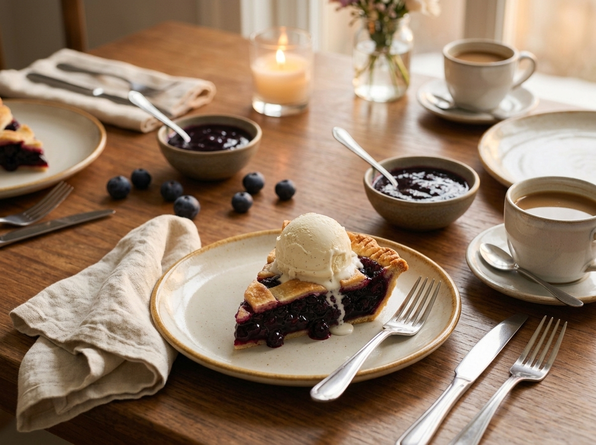 A slice of Saskatoon berry pie on a white plate with melting vanilla ice cream, linen napkin and coffee cup nearby.