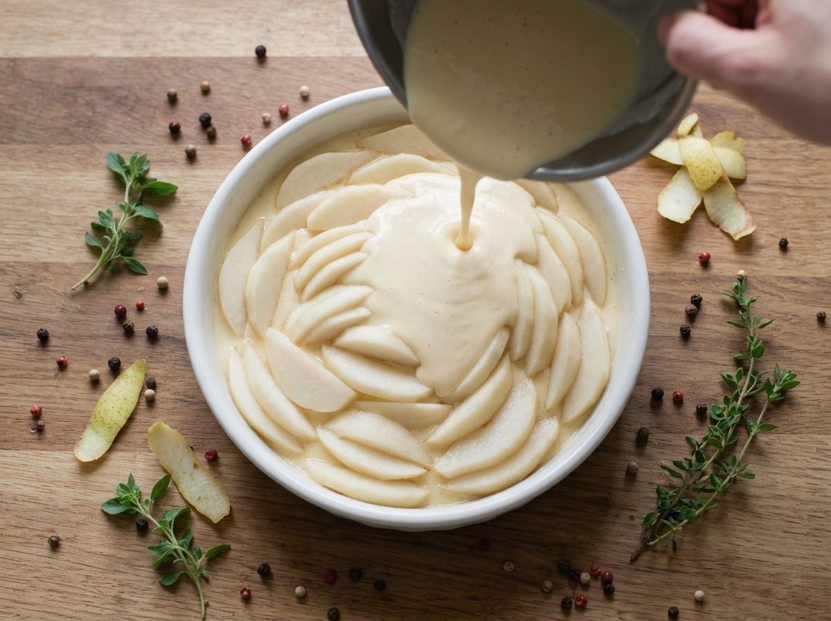 Hand pouring custard batter over rows of sliced pears arranged in a buttered ceramic baking dish before baking