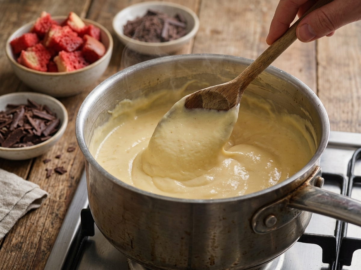 Cook stirring thickened custard with a wooden spoon in a saucepan, showing it coat the spoon's back