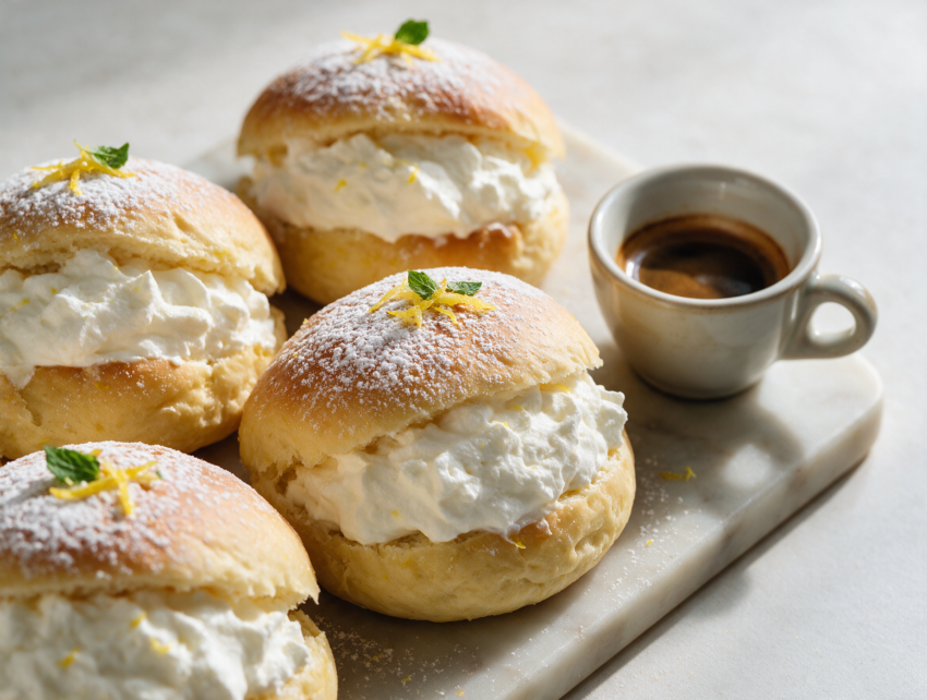 Golden maritozzi buns split open and piled with whipped cream, dusted with powdered sugar on a marble board.