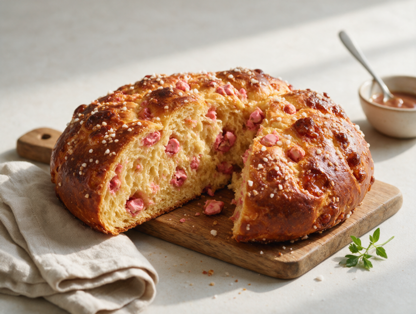 Round golden brioche praluline sliced open on a wooden board, showing pink praline chunks throughout the soft crumb.