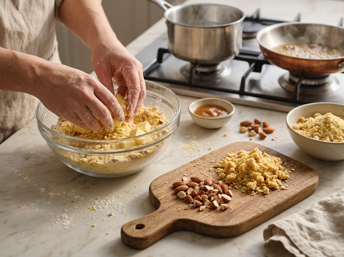 Hands rubbing cold butter into cornmeal and almond crumbs in a glass mixing bowl, mixture coarse and sandy.