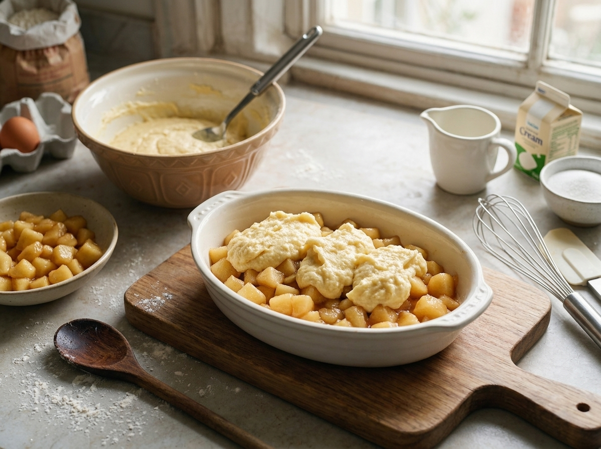 Hands spooning pale sponge batter over softened apple slices in a buttered baking dish before it goes into the oven