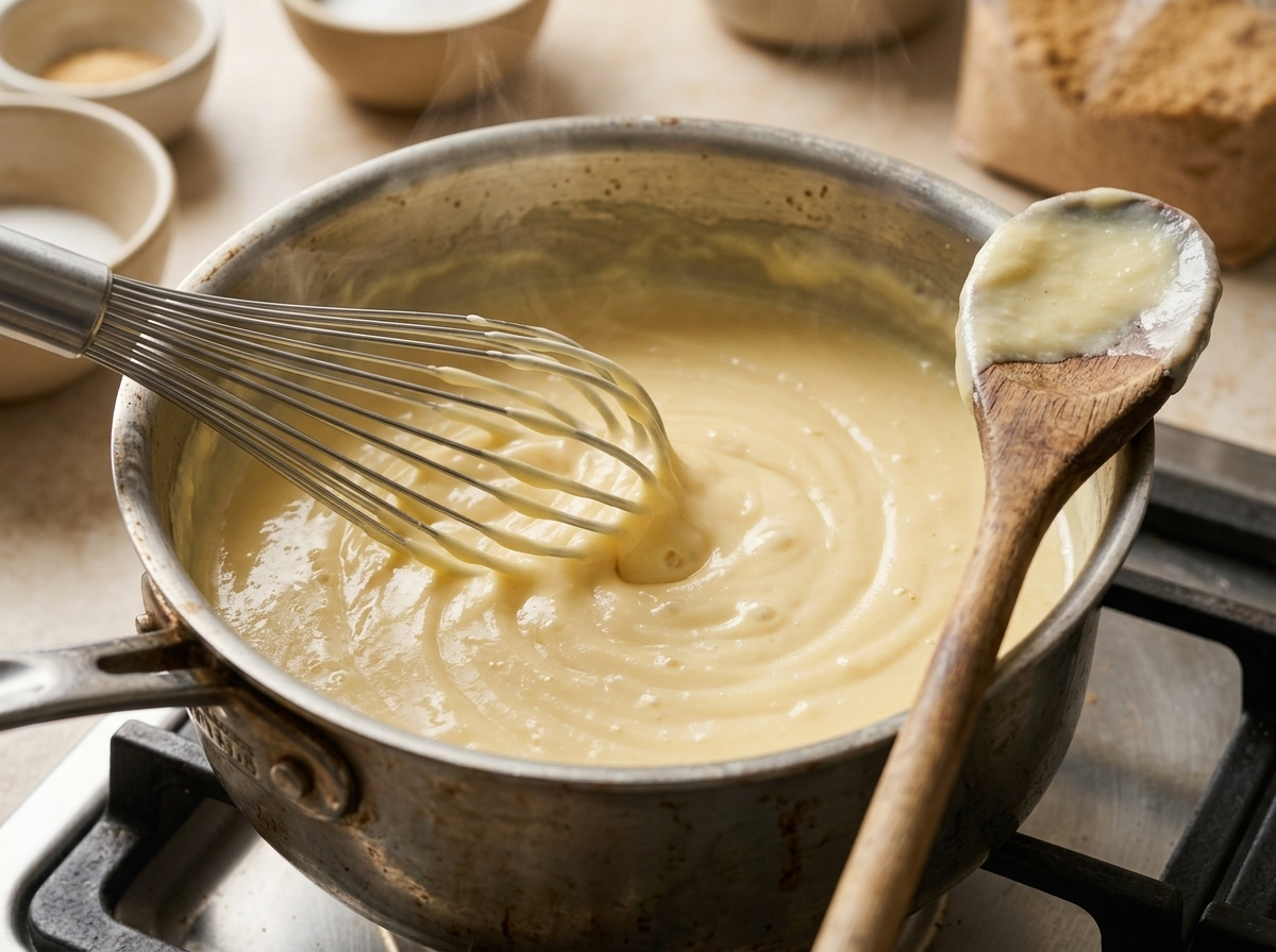 Vanilla custard thickening in a saucepan, coating a wooden spoon during stovetop cooking for flapper pie filling