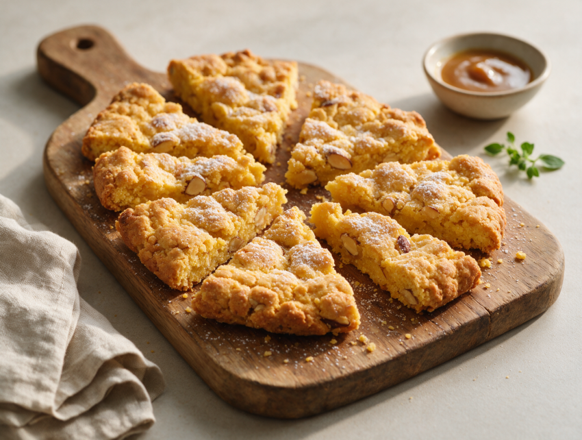 Overhead shot of golden torta sbrisolona broken into craggy wedges dusted with powdered sugar on a wooden board.