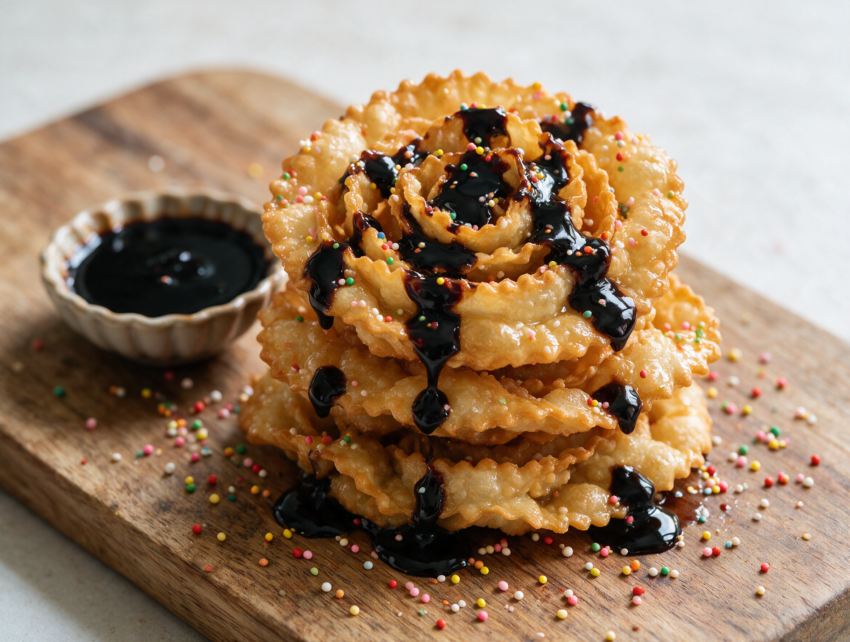 Golden cartellate Pugliese roses stacked on a wooden board, glazed with dark vincotto and topped with colorful sprinkles