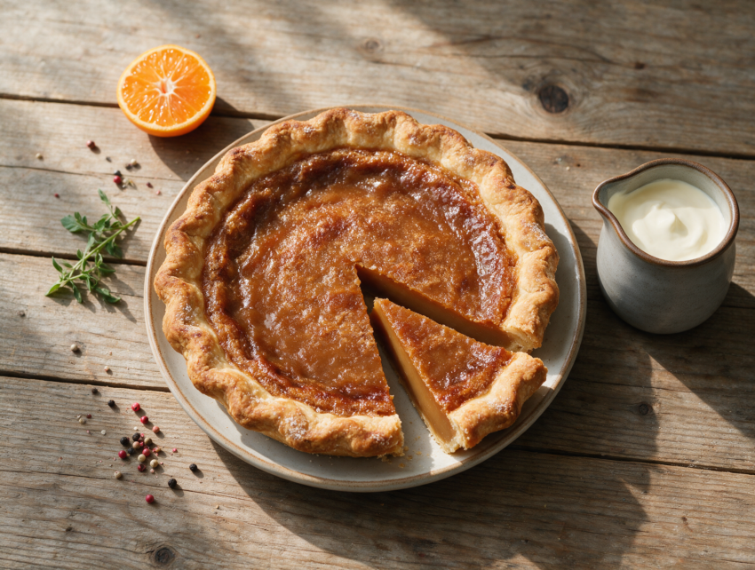 Sliced Quebec tarte au sucre on a wooden board showing dense amber brown sugar filling and a golden flaky crust edge.