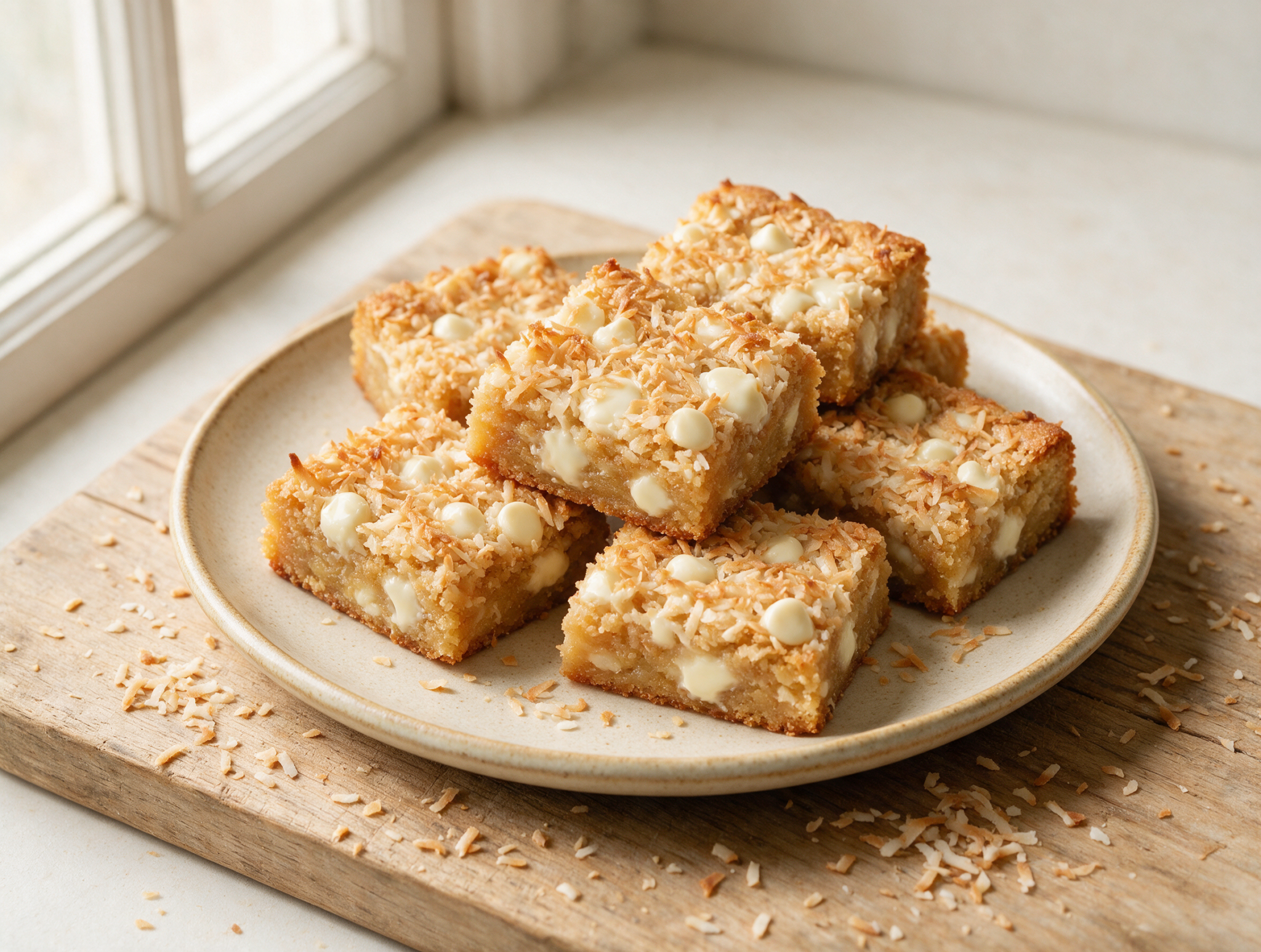 Overhead shot of sliced toasted coconut blondies stacked on a wooden board, golden coconut topping visible under warm light.