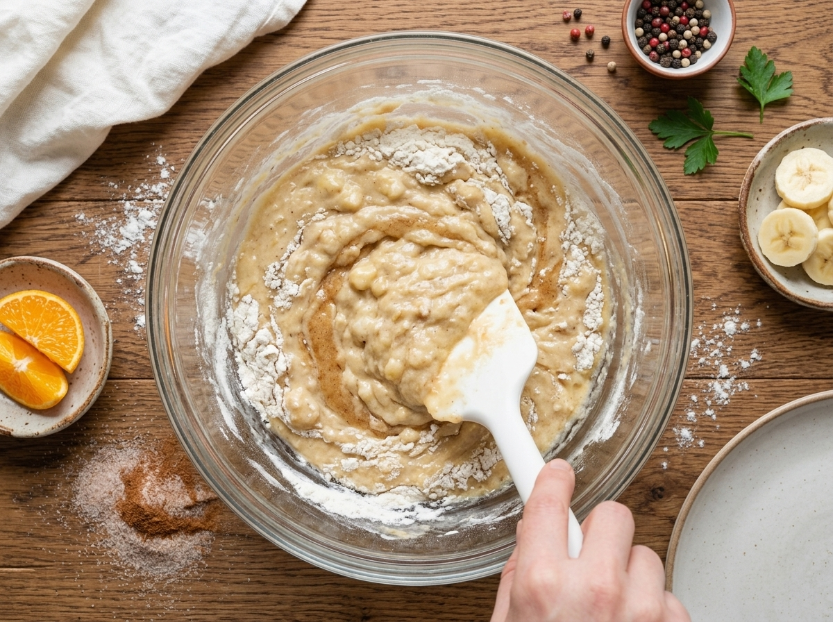 Hands folding flour into banana cake batter in a glass mixing bowl, spatula visible, wet-dry streaks blending.