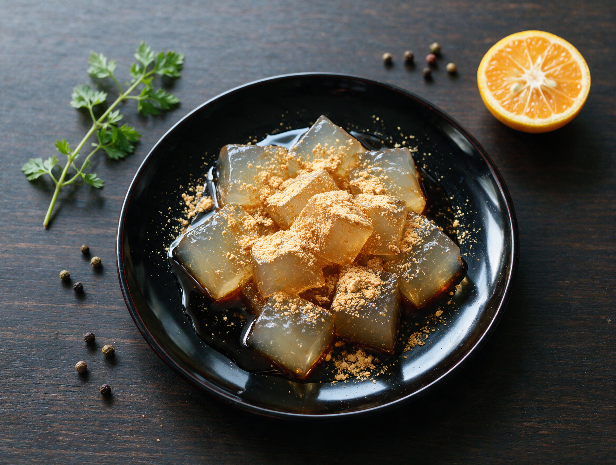 Glassy kuzumochi cubes dusted with kinako on a black lacquer plate, kuromitsu syrup pooling at the edge