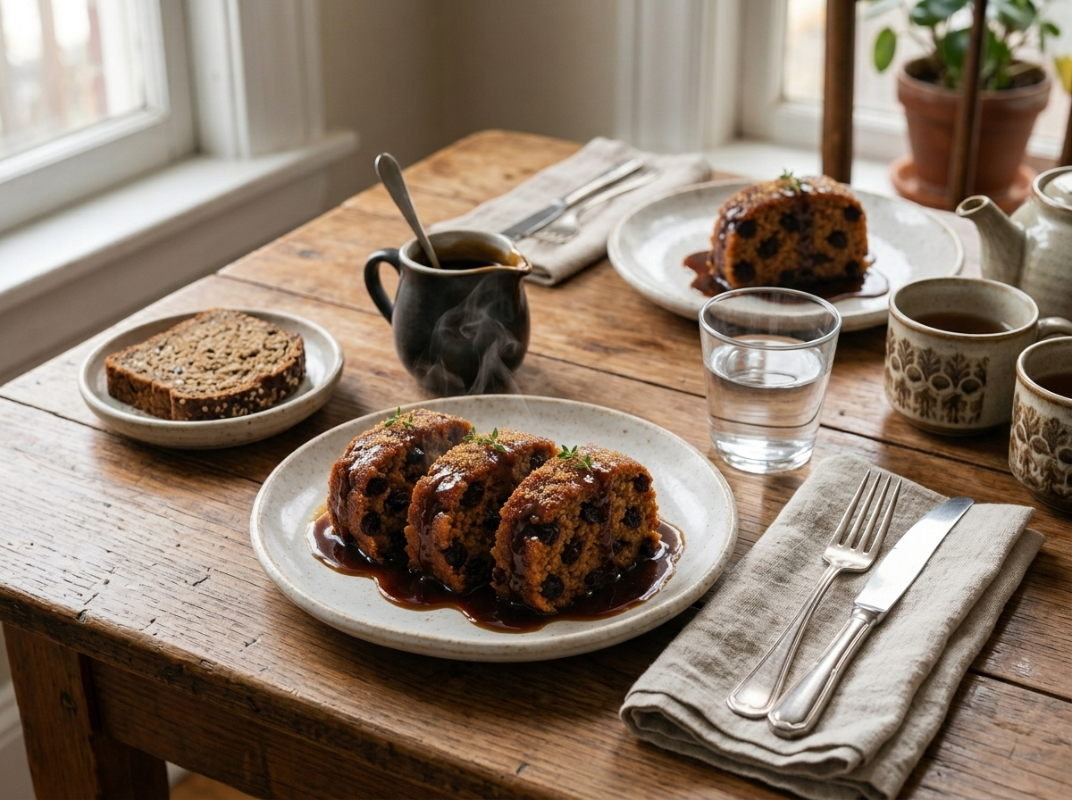 Two plates of figgy duff with molasses sauce set on a linen-covered table beside teacups and a small sauce jug