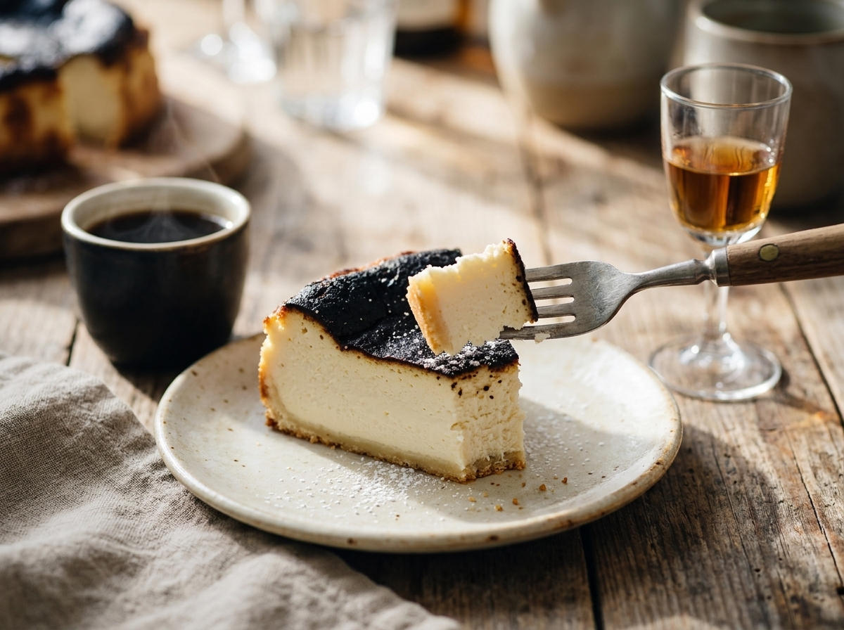 A slice of tourteau fromager on a small plate next to a coffee cup and linen napkin on a sunlit kitchen table.