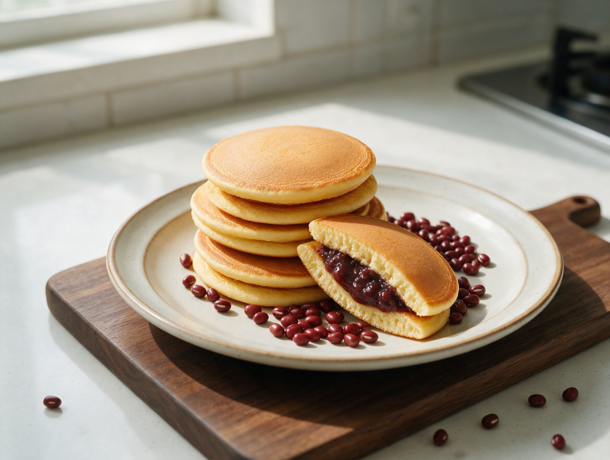 Stack of golden dorayaki pancakes on a wooden board, one halved to show the dark red bean filling inside.