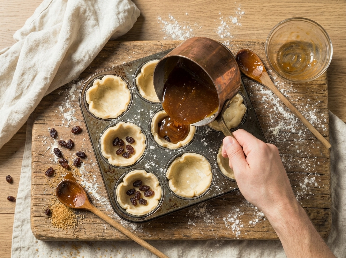 Hands pouring caramel filling into unbaked pastry shells set in a muffin tin dusted with flour on the counter