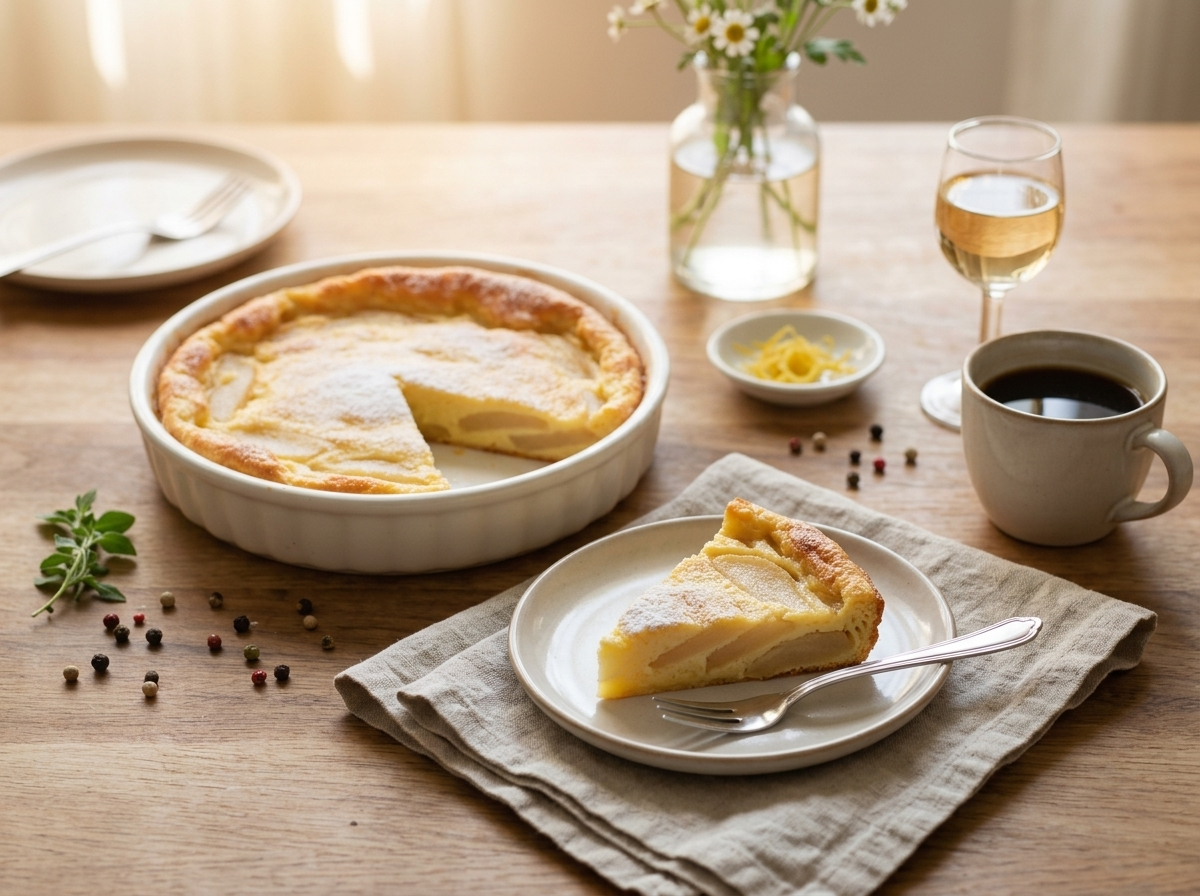 Slice of pear flognarde plated with a fork, linen napkin, and coffee cup on a sunlit wooden table