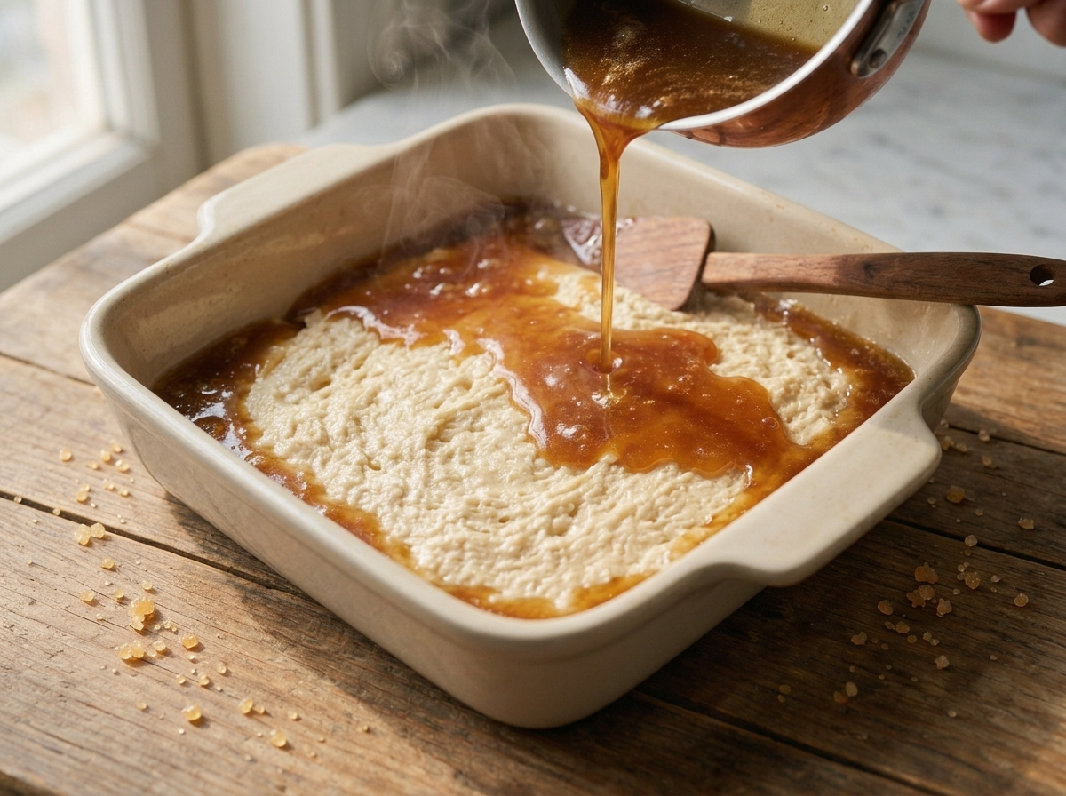 Hot maple-cream syrup being poured from a saucepan over raw cake batter in a square baking dish, steam rising.