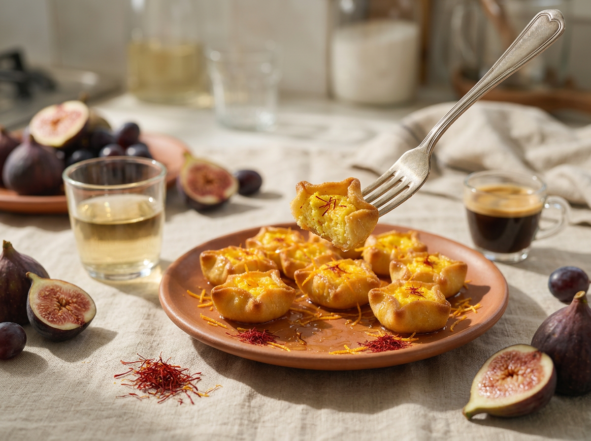 Plate of pardulas beside espresso and figs on a linen-covered table lit by soft morning window light