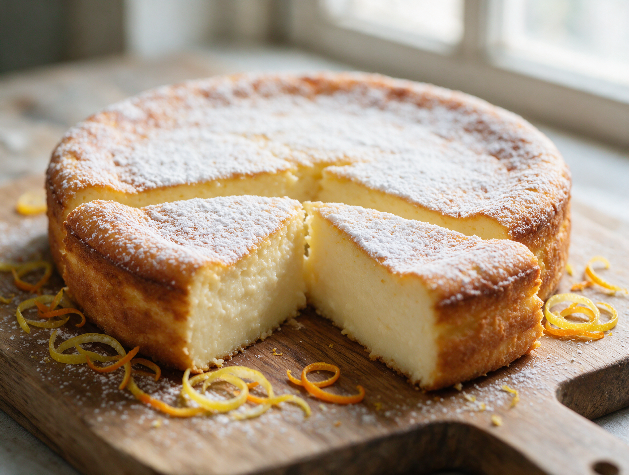 A wedge of golden migliaccio napoletano on a marble board, dusted with powdered sugar, dense custardy crumb exposed.