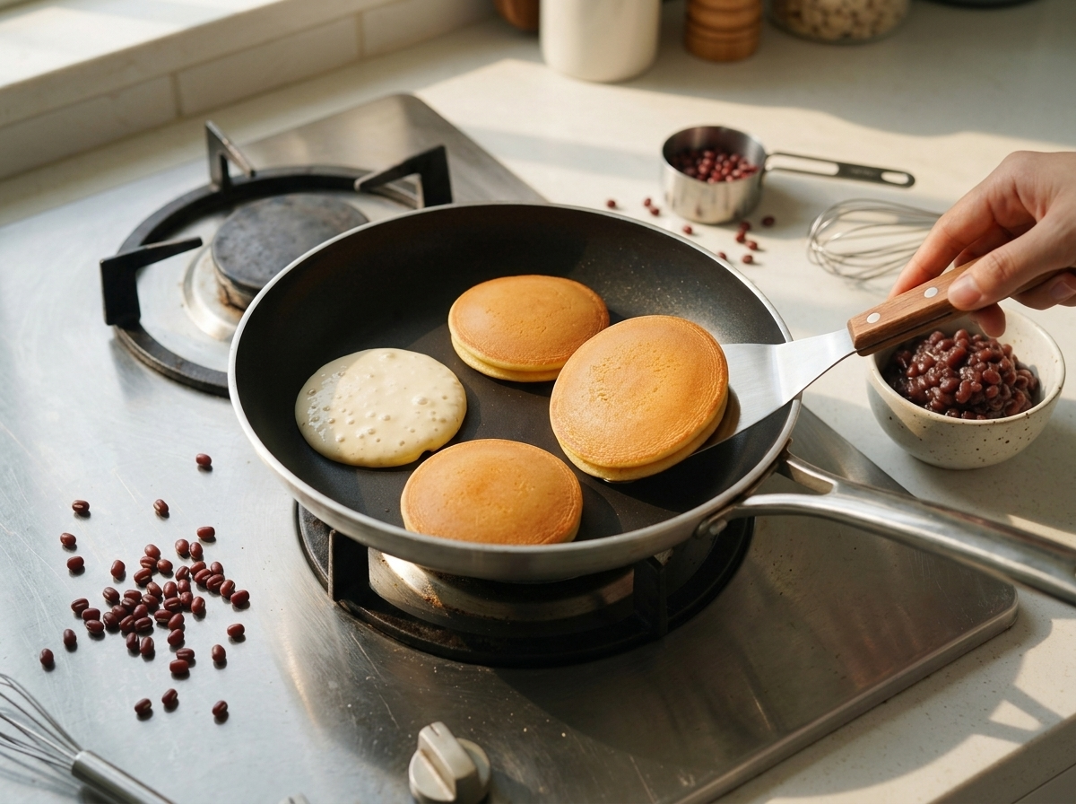 Batter bubbling in a nonstick skillet as a spatula lifts the edge of a golden dorayaki pancake to check doneness.