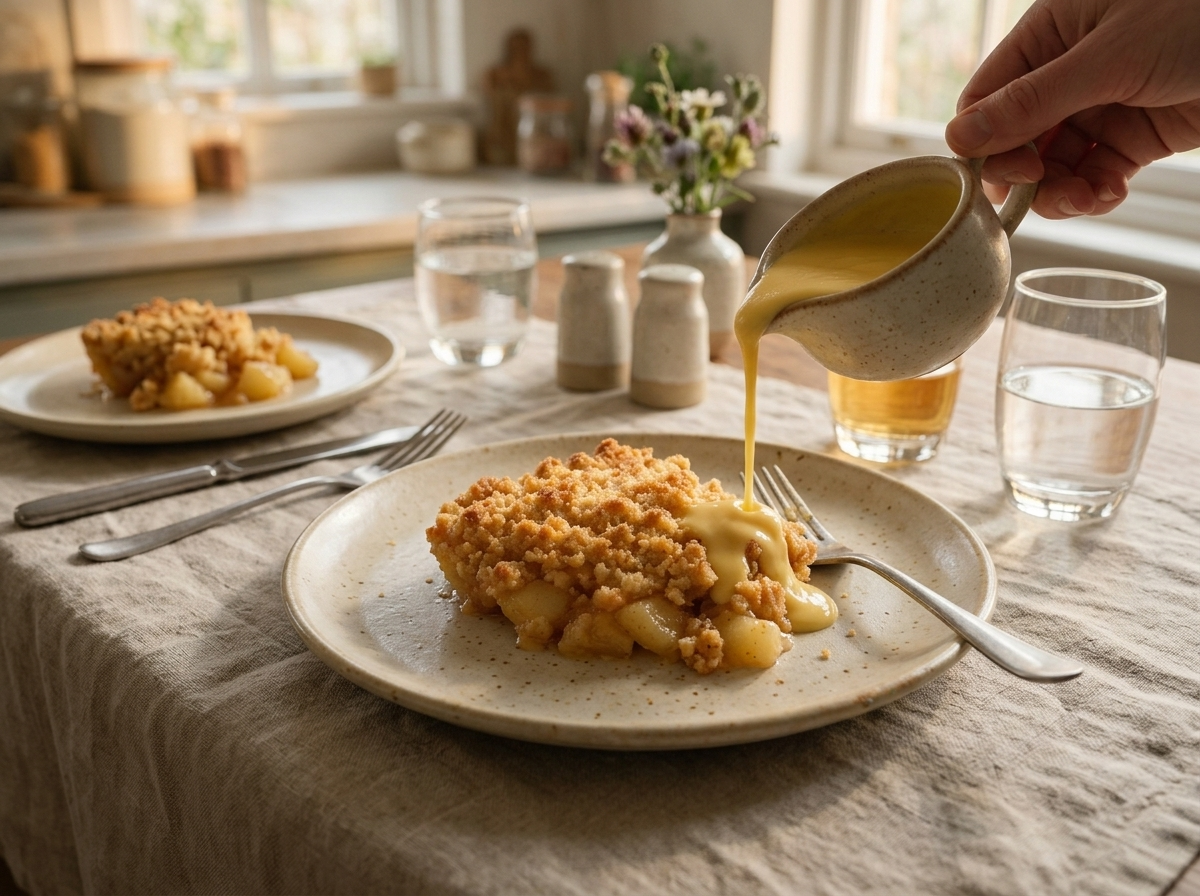 Hand pouring warm custard over a plated slice of Malvern pudding at a linen-covered table