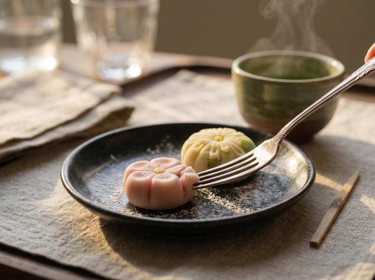 Two finished nerikiri wagashi served beside a bowl of whisked matcha on a linen table setting