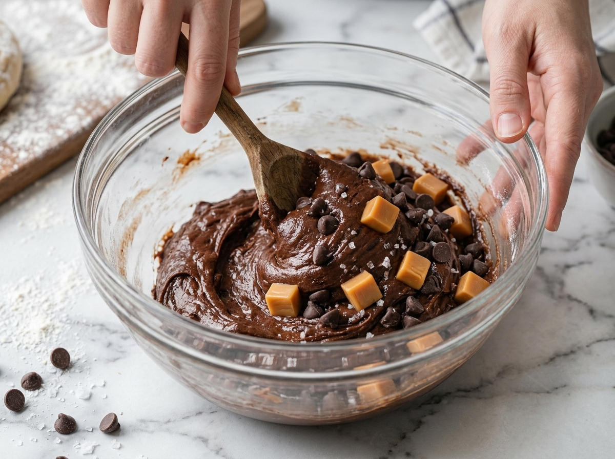 Hands folding chopped caramel candies and chocolate chips into thick cocoa cookie dough in a glass mixing bowl.