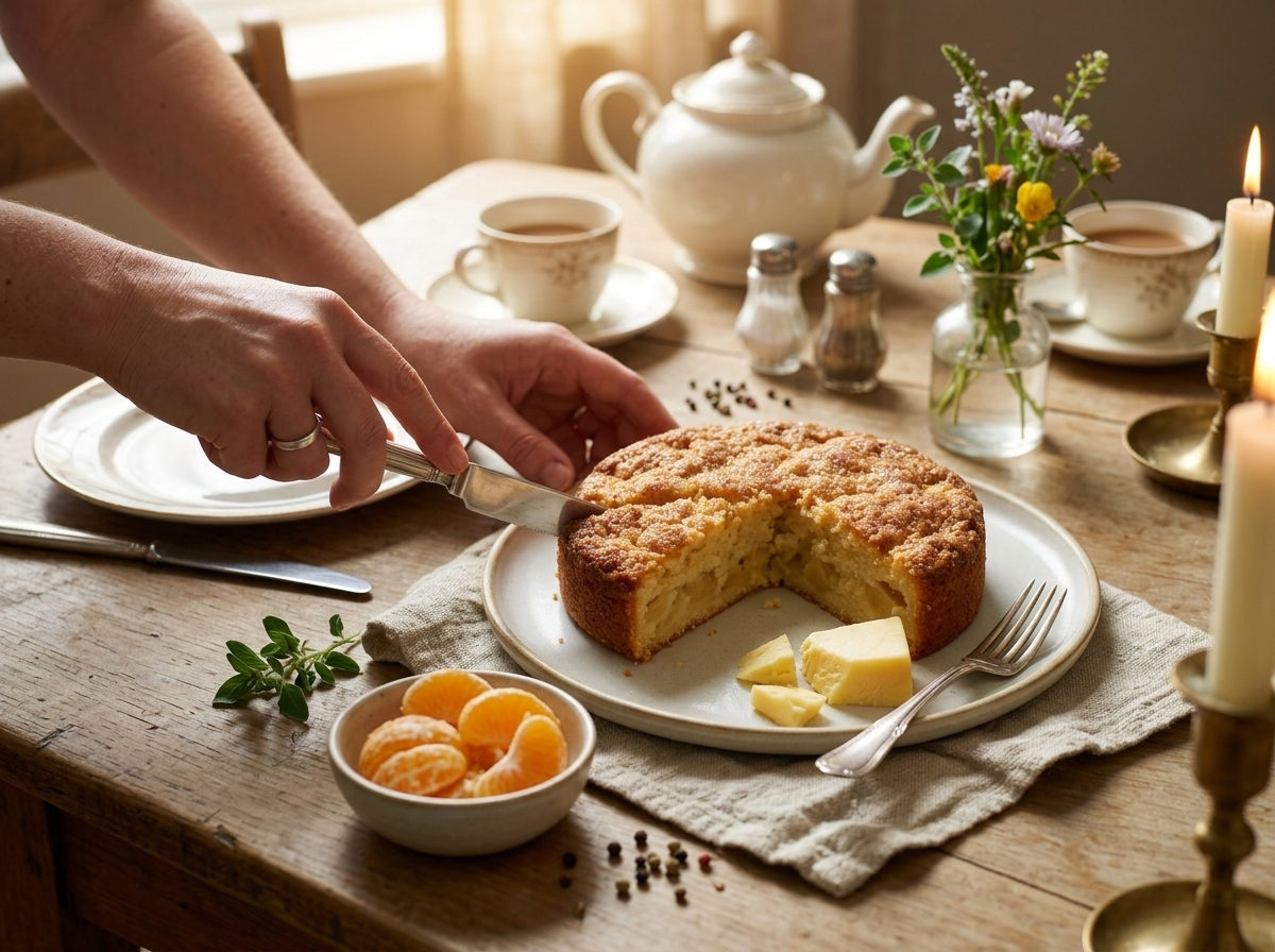 Hands slicing a warm apple cake at a wooden table with teapot, cups, and a linen napkin nearby