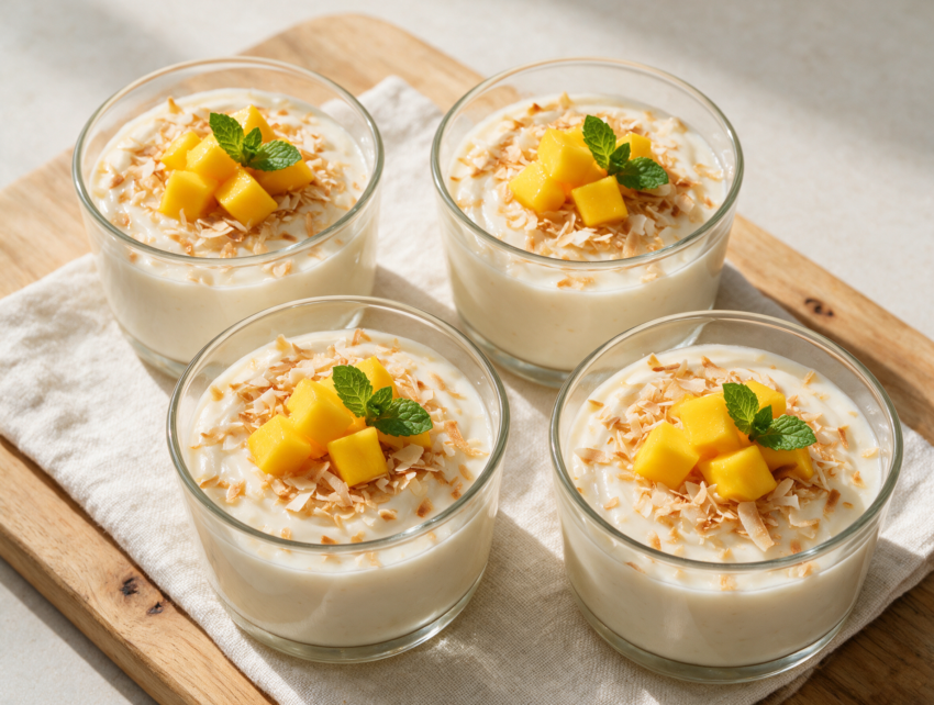 Four coconut pudding cups topped with toasted coconut flakes and mango, arranged on a linen napkin over a wooden board