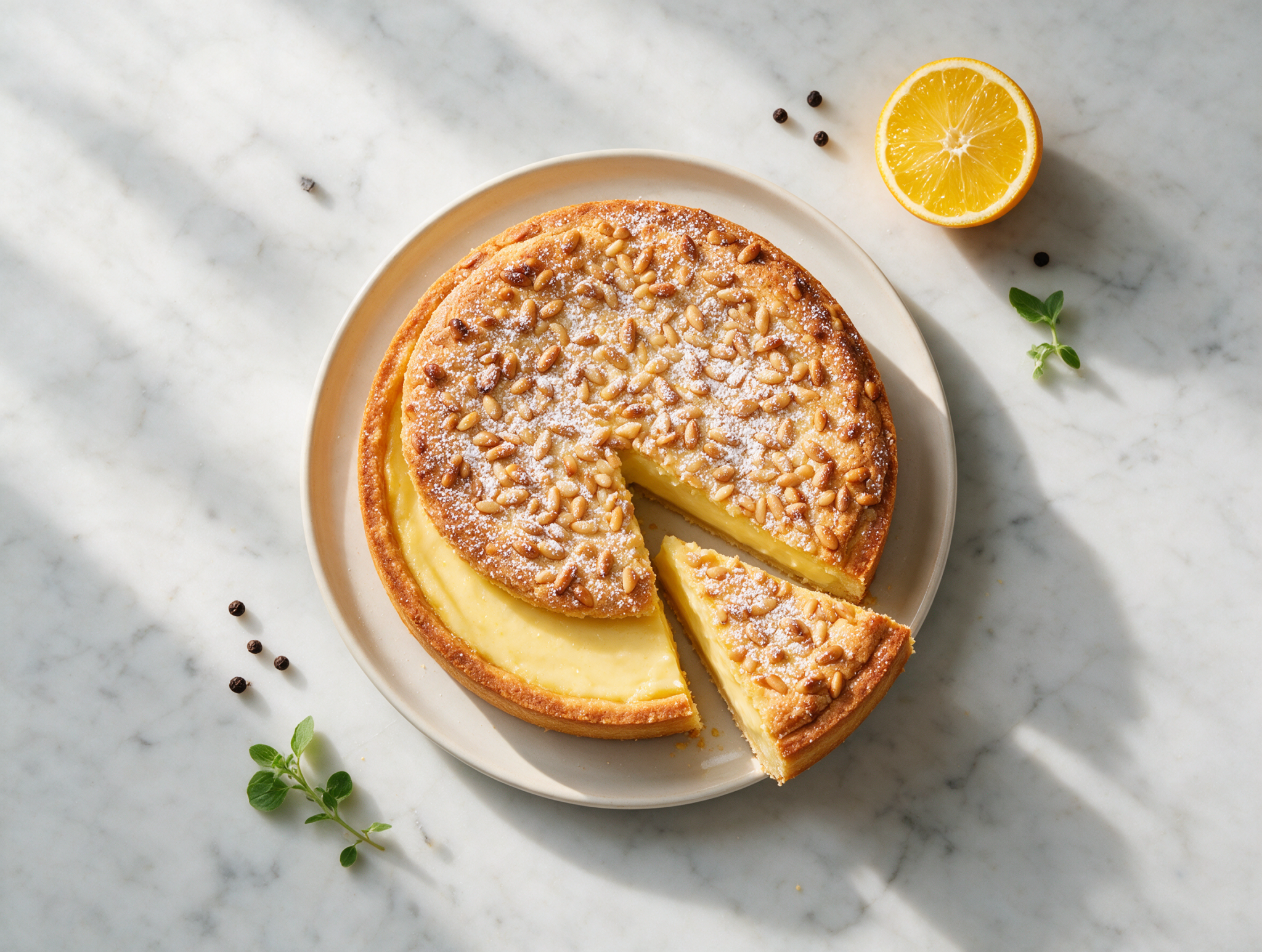 Sliced torta della nonna on a marble board with golden crust, toasted pine nuts, and a dusting of powdered sugar