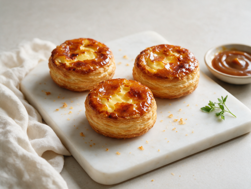 Golden puits d'amour pastries on a marble board, vanilla cream centers topped with cracked amber caramel shells.