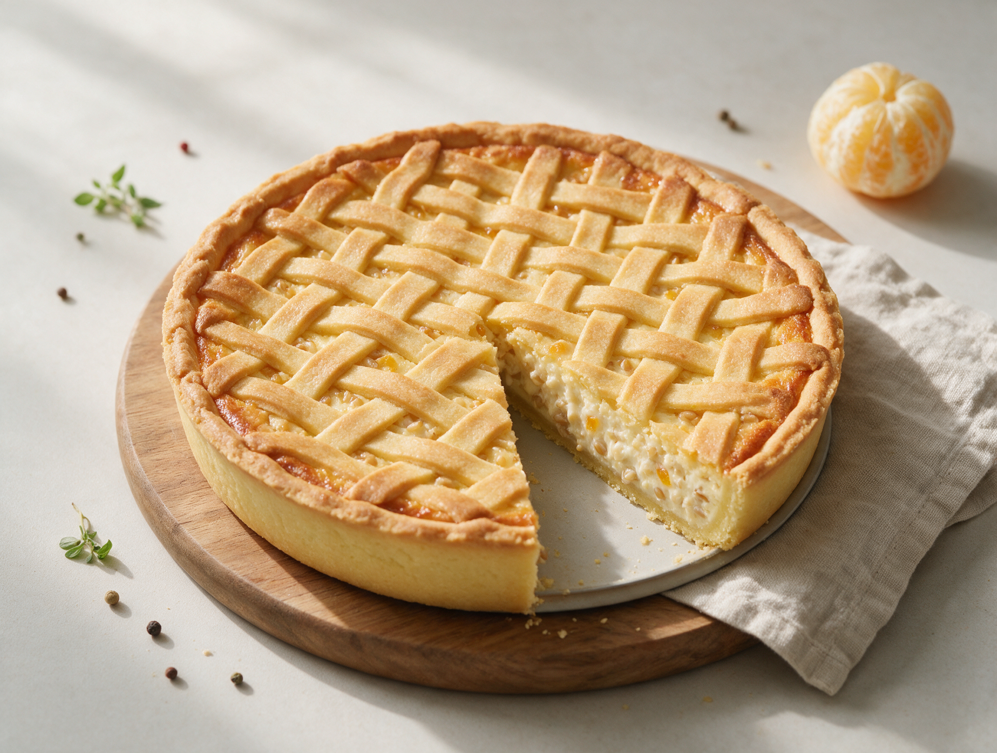 Whole pastiera napoletana with a golden lattice crust, one wedge cut to show the pale wheat and ricotta filling