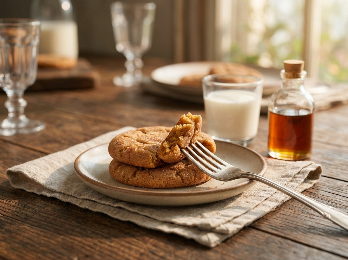 Two warm cookies with cinnamon-sugar tops sit on a linen napkin beside a glass of milk on a rustic table.