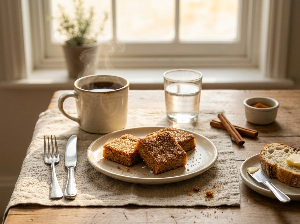 Steaming cup of tea next to a plate of gingerbread squares on a linen napkin in warm afternoon light