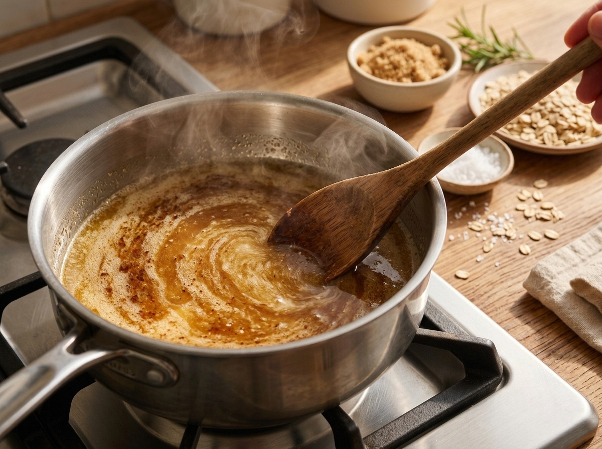 Cook stirring browned butter with amber flecks and steam rising in a stainless saucepan on the stovetop