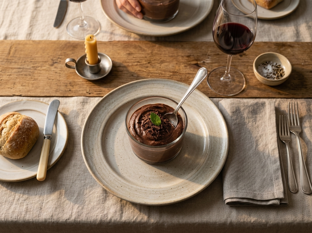 A linen-draped table at dusk with two mousse cups, a silver spoon mid-scoop, and a lit candle nearby.