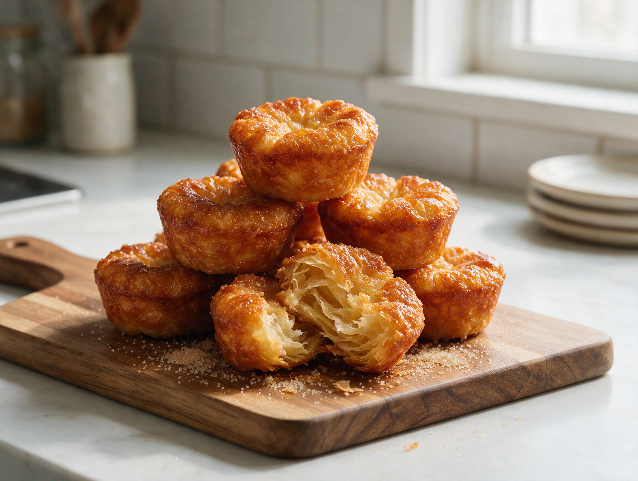 Golden kouign amann pastries cooling on a wire rack, caramelized sugar crust glistening under soft morning window light