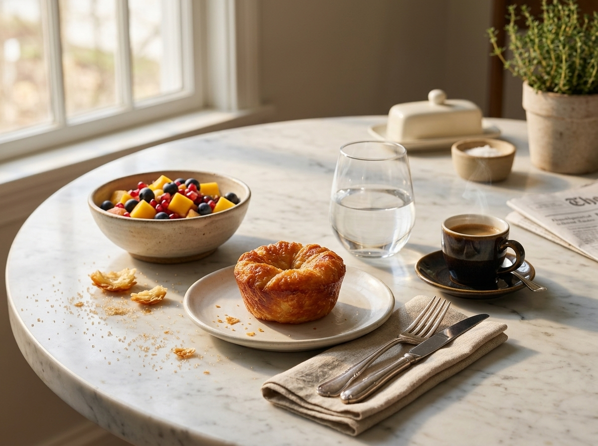 Kouign amann and espresso on a linen-topped breakfast table, morning light through a nearby window