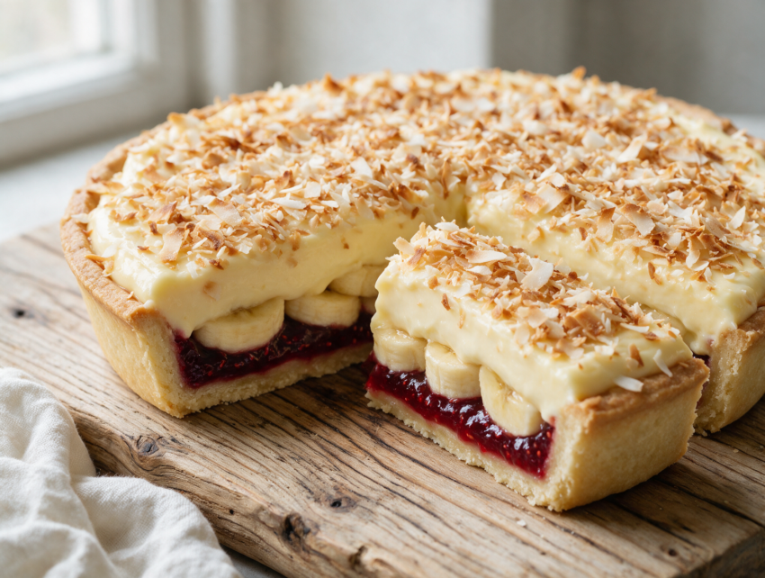 Sliced Manchester tart showing jam, banana and custard layers topped with toasted coconut on a rustic board