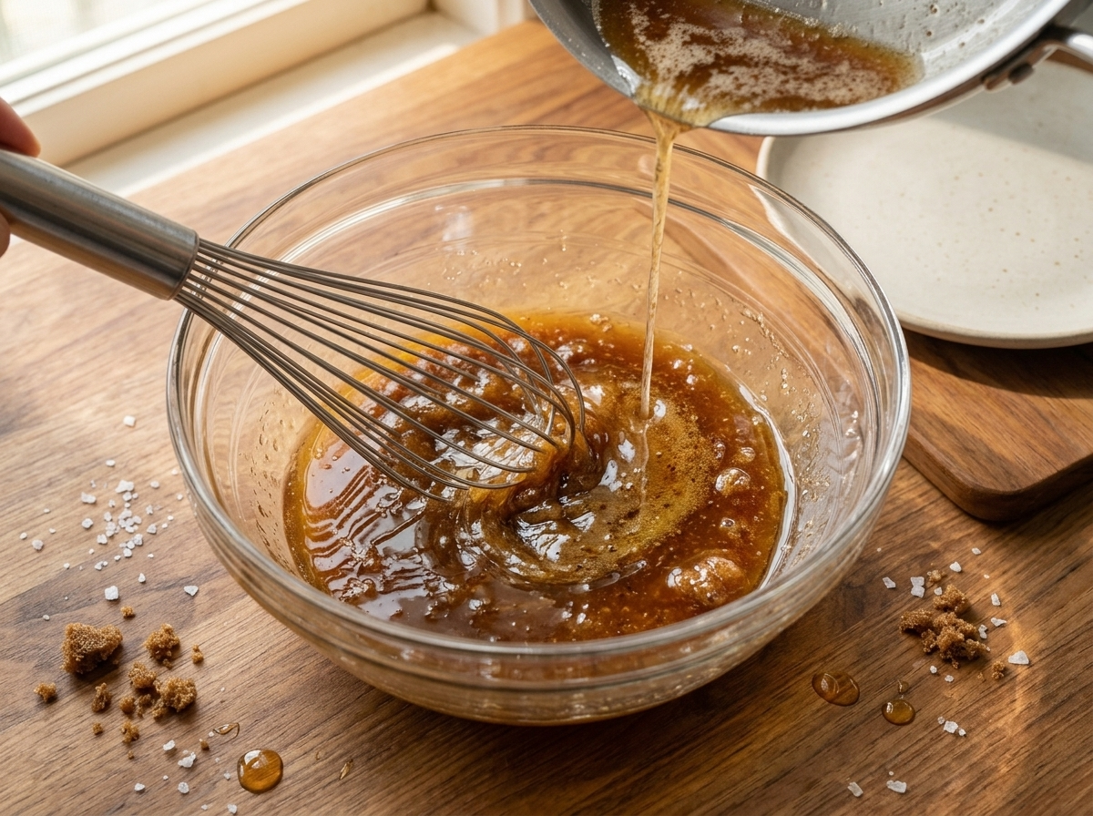 Browned butter being whisked into brown sugar and honey in a glass bowl, batter turning glossy and thick.