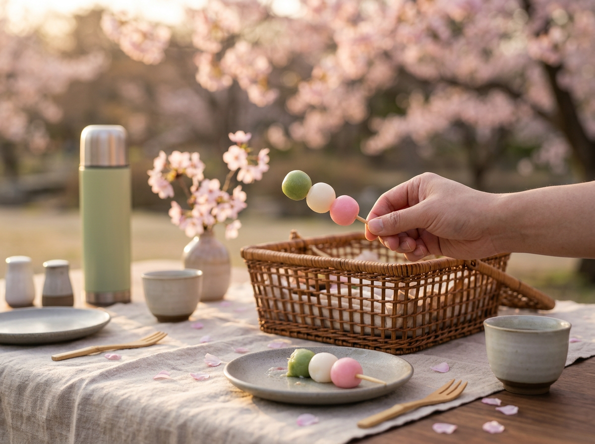 A person's hand holding a hanami dango skewer over a picnic blanket with cherry blossoms blurred in the background.