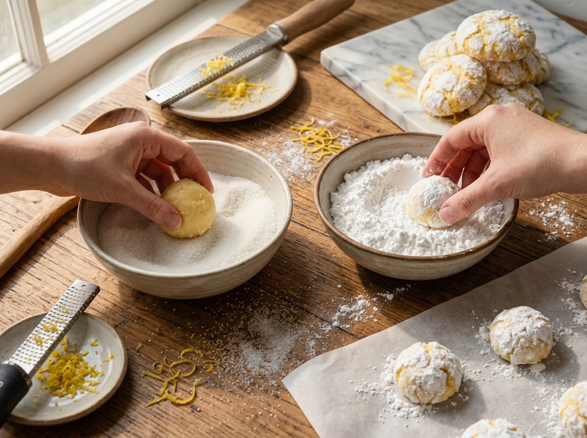 Hands rolling a ball of lemon cookie dough through granulated sugar then a bowl of powdered sugar before baking.