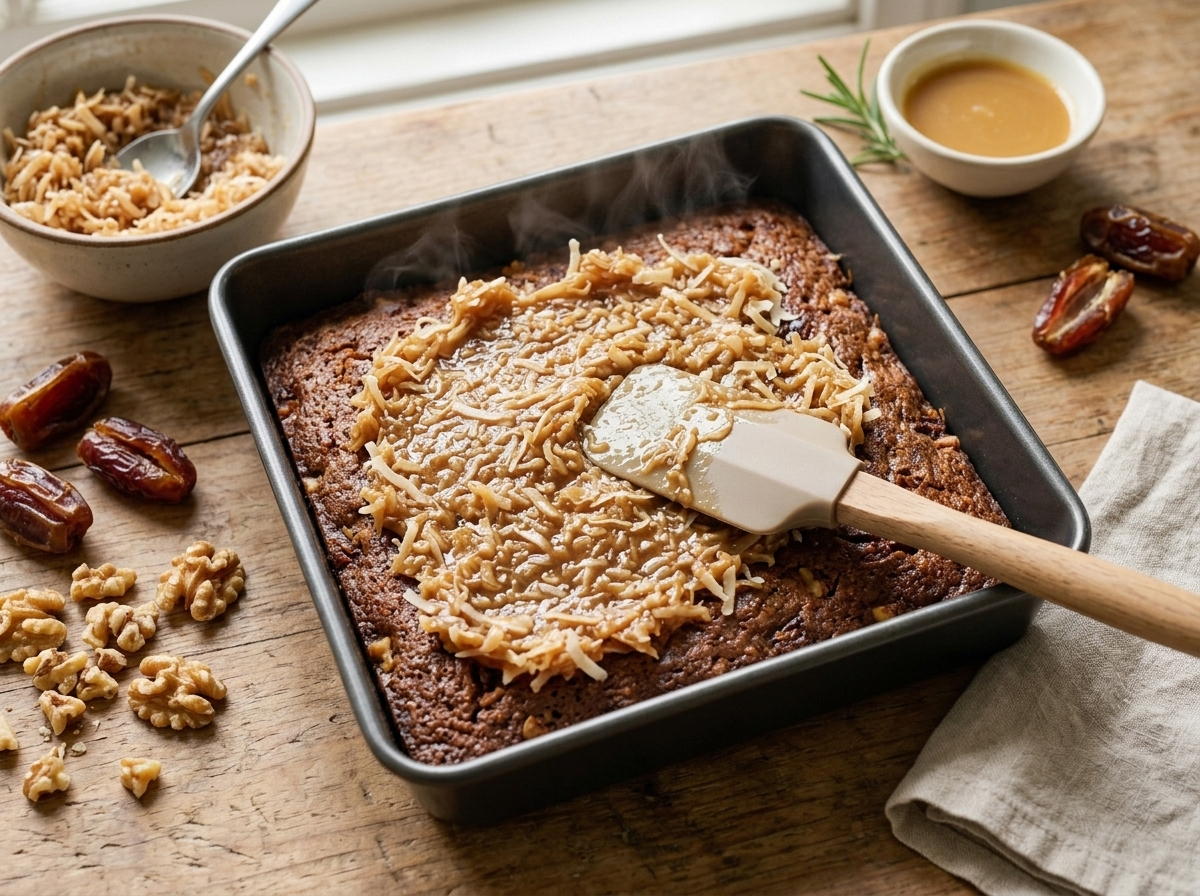 Coconut and brown sugar topping being spread with a spatula over a warm date cake fresh from the oven