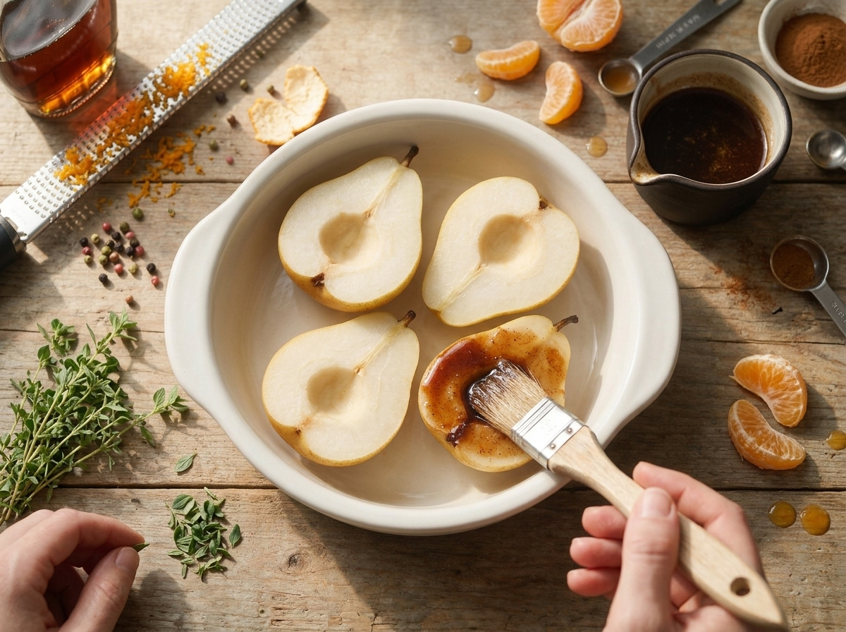 A pastry brush coats raw pear halves with melted butter and cinnamon-maple glaze before baking.