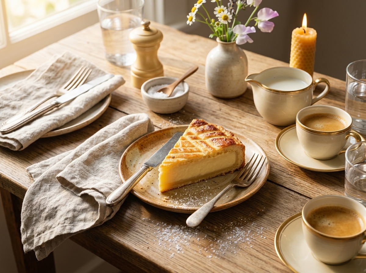 A slice of Gateau Basque plated beside espresso cups and a linen napkin on a sunlit kitchen table.
