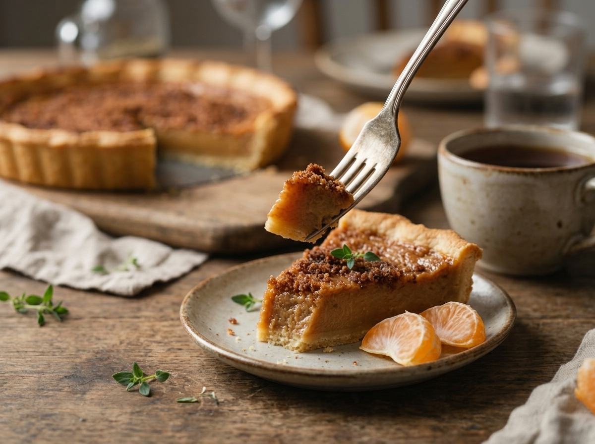 Hand reaching for a fork beside a plated gypsy tart slice and a cup of black tea on a wooden table