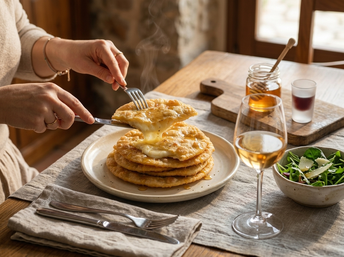 A table set with linen napkins and a jar of honey, a woman lifting a warm seada with steam rising against evening light