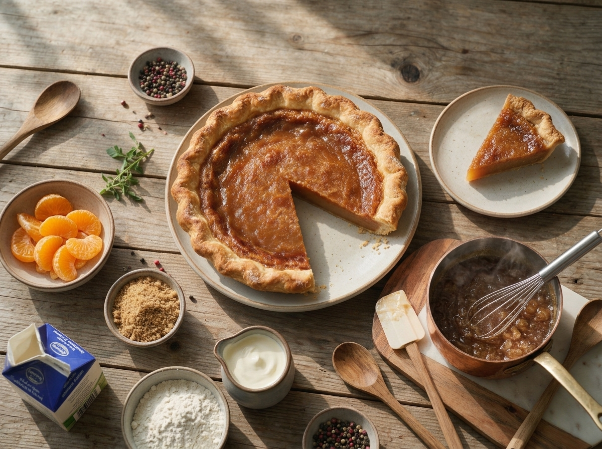 Brown sugar and cream mixture bubbling and whisked smooth in a saucepan before it's poured into the pie crust.