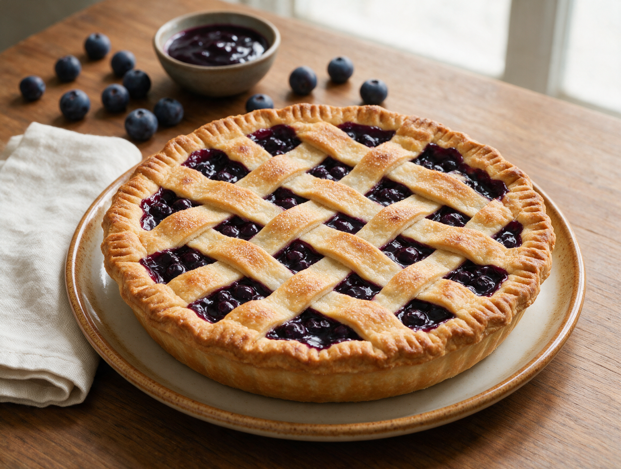 Overhead view of a baked Saskatoon berry pie, golden lattice top with deep purple filling bubbling through the gaps.